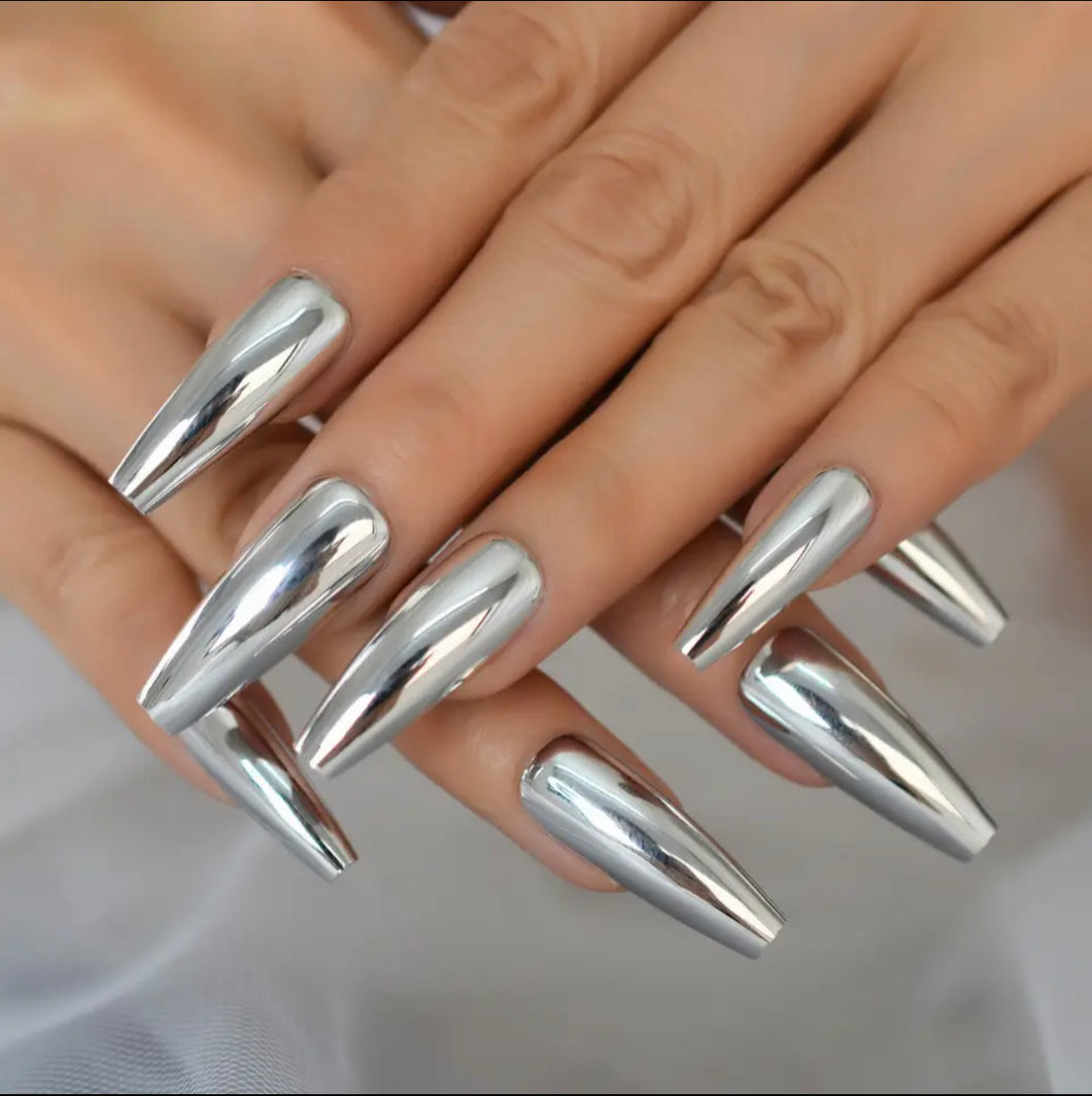 Press On Nails: Silver Chrome Ballerina