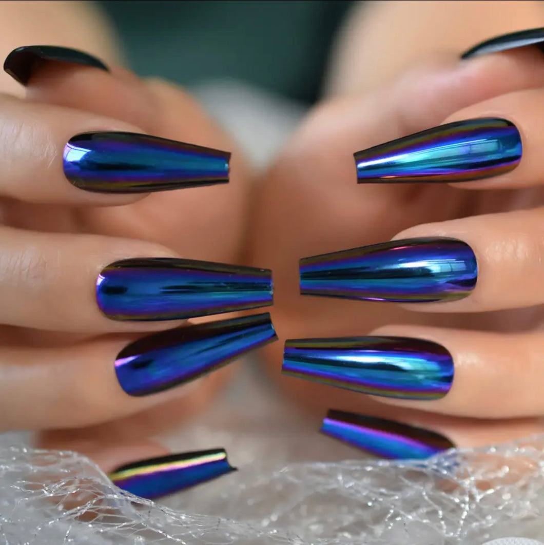 Press On Nails: Blue Chrome Ballerina